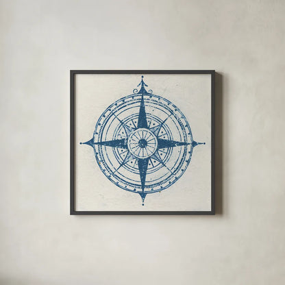 Indigo Gild Compass Rose 2 by Kathrine Lovell. Shown in a sleek black glass frame for a contemporary gallery look. Available as an archival giclee rolled canvas, fine art paper, or poster print. SKU 27151a.