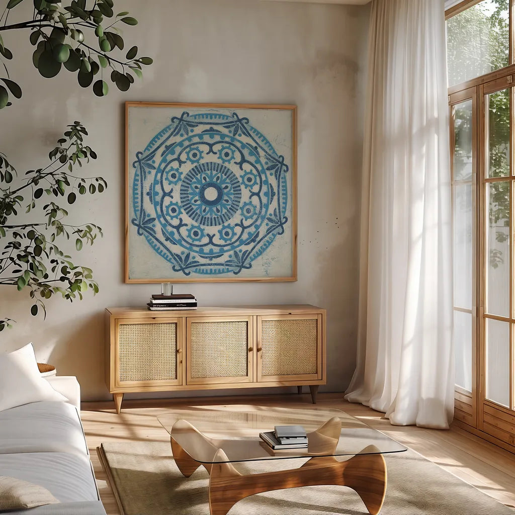 Istanbul IV by Kathrine Lovell. Shown in a natural wood frame in a cozy modern living room. Available as an archival giclee rolled canvas, fine art paper, or poster print. SKU 24370a.