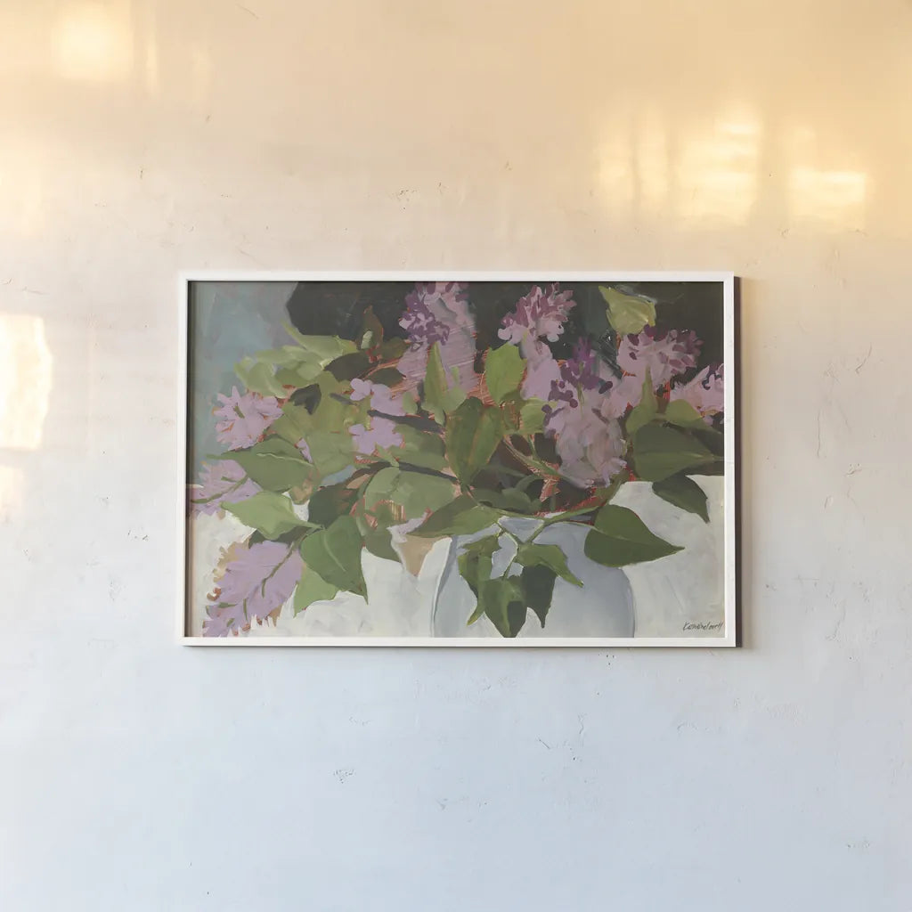 June Lilacs by Kathrine Lovell. shown as a paper print in a white frame. Available as a archival giclee rolled canvas, fine art paper, or poster print. SKU 42556i.