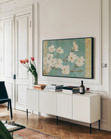 Kimono Blossoms by Kathrine Lovell. shown as a framed stretched canvas in a living room above a console. Available as a archival giclee rolled canvas, fine art paper, or poster print. SKU 2757i.