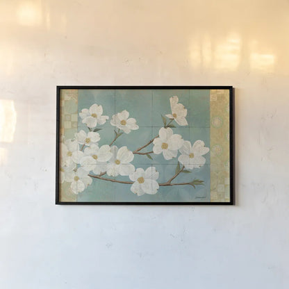 Kimono Blossoms by Kathrine Lovell. shown as a paper print in a black flame. Available as a archival giclee rolled canvas, fine art paper, or poster print. SKU 2757i.
