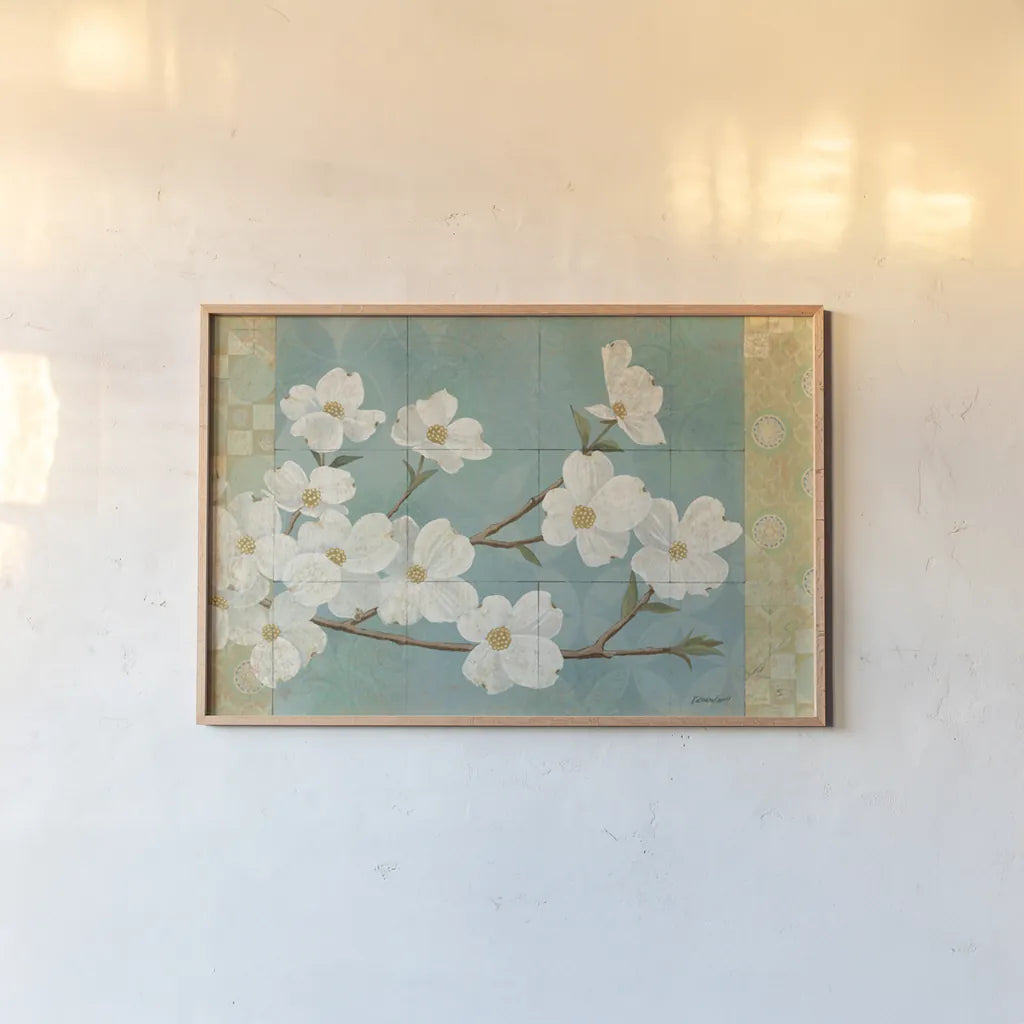 Kimono Blossoms by Kathrine Lovell. shown as a paper print in a natural frame. Available as a archival giclee rolled canvas, fine art paper, or poster print. SKU 2757i.