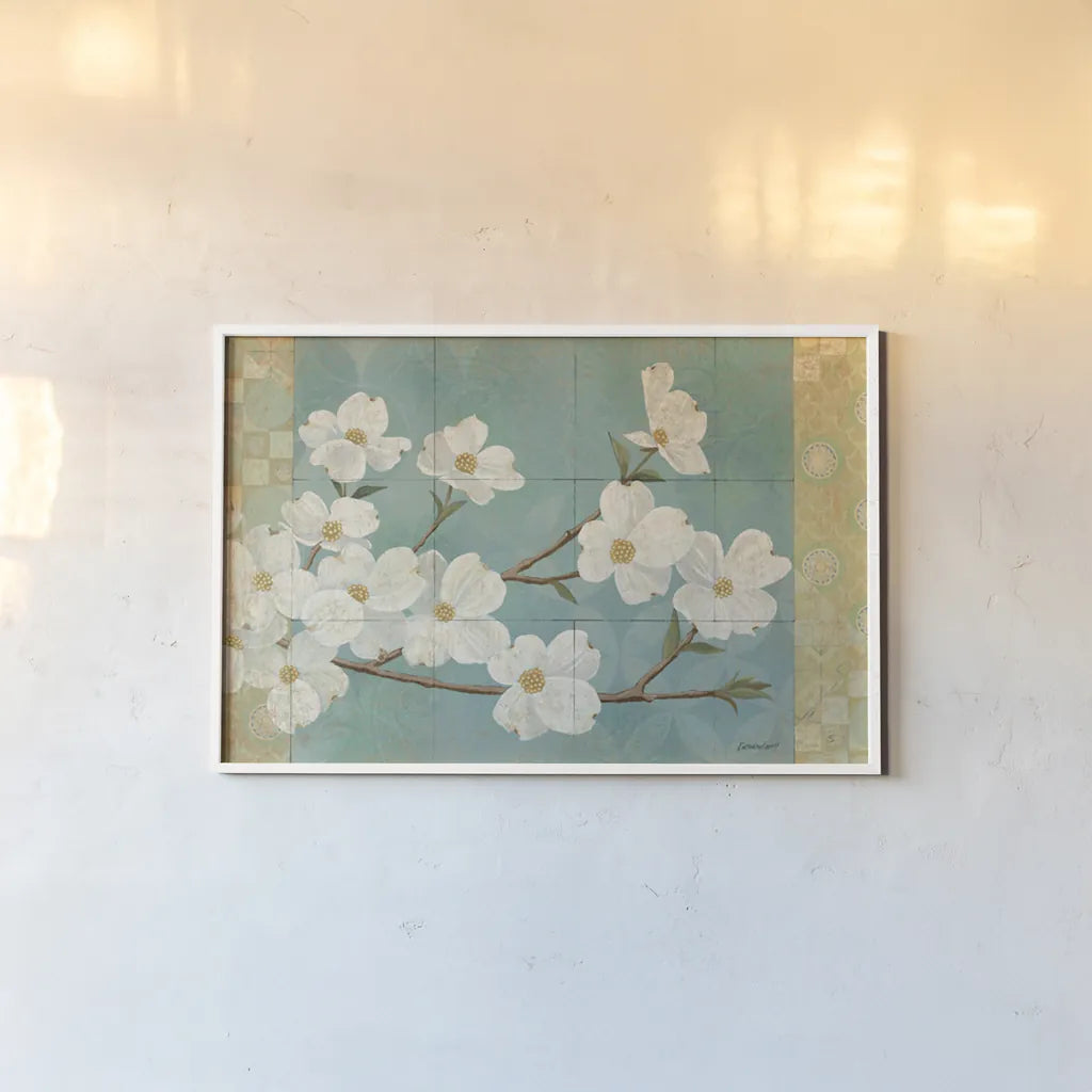 Kimono Blossoms by Kathrine Lovell. shown as a paper print in a white frame. Available as a archival giclee rolled canvas, fine art paper, or poster print. SKU 2757i.