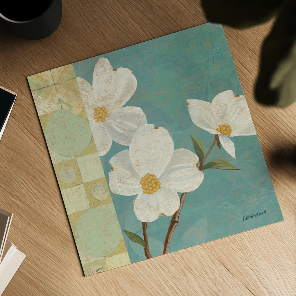Kimono Blossoms Square I by Kathrine Lovell. Shown as a detailed flat fine art print, highlighting archival giclee quality. Available as an archival giclee rolled canvas, fine art paper, or poster print. SKU 43292a.