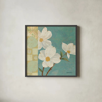 Kimono Blossoms Square I by Kathrine Lovell. Shown in a sleek black glass frame for a contemporary gallery look. Available as an archival giclee rolled canvas, fine art paper, or poster print. SKU 43292a.