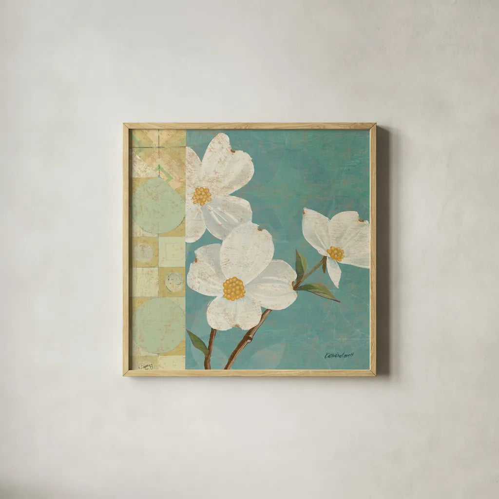 Kimono Blossoms Square I by Kathrine Lovell. Shown in a natural wood glass frame for a timeless modern aesthetic. Available as an archival giclee rolled canvas, fine art paper, or poster print. SKU 43292a.