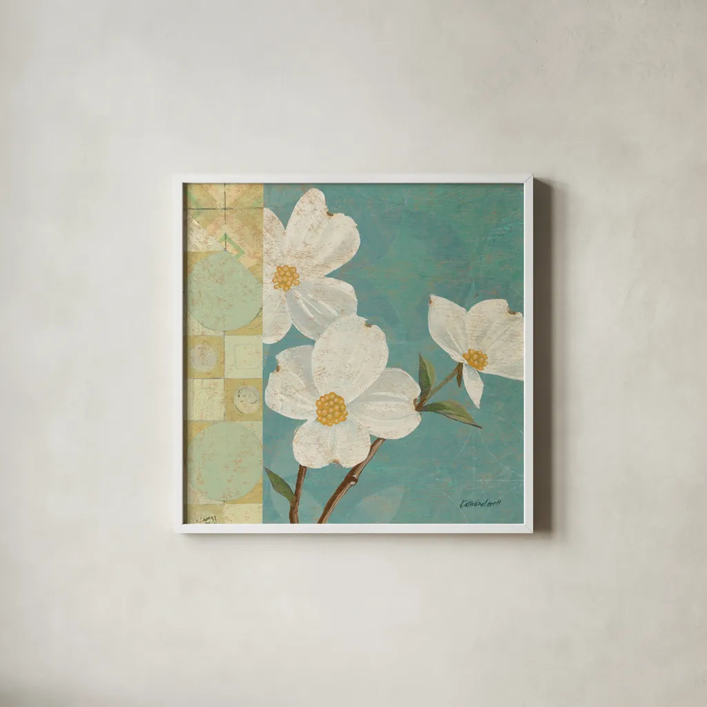 Kimono Blossoms Square I by Kathrine Lovell. Shown in a crisp white glass frame for a clean and minimalist style. Available as an archival giclee rolled canvas, fine art paper, or poster print. SKU 43292a.