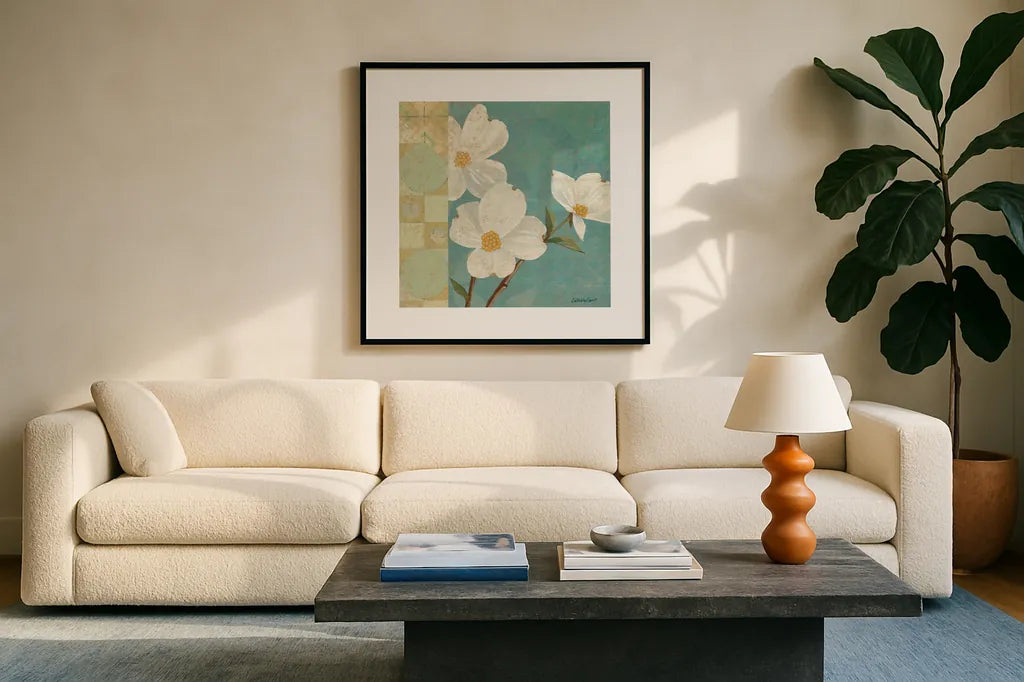 Kimono Blossoms Square I by Kathrine Lovell. Displayed in a glass frame with matte in a clean modern living room. Available as an archival giclee rolled canvas, fine art paper, or poster print. SKU 43292a.