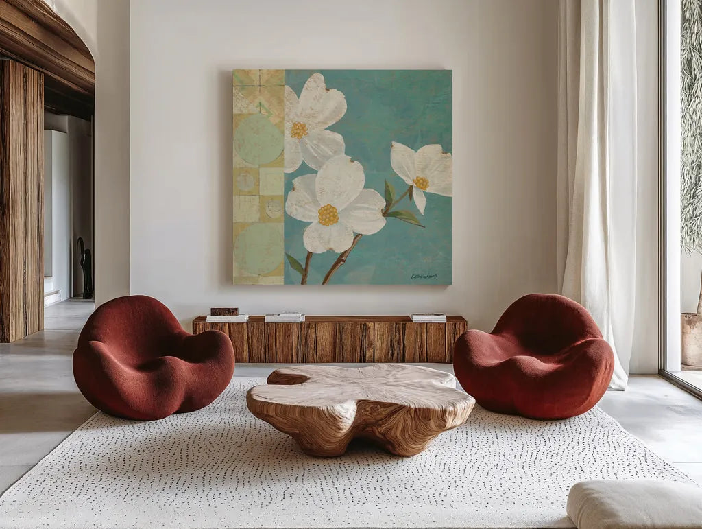 Kimono Blossoms Square I by Kathrine Lovell. Shown as extra-large giant wall art in a modern living room. Available as an archival giclee rolled canvas, fine art paper, or poster print. SKU 43292a.