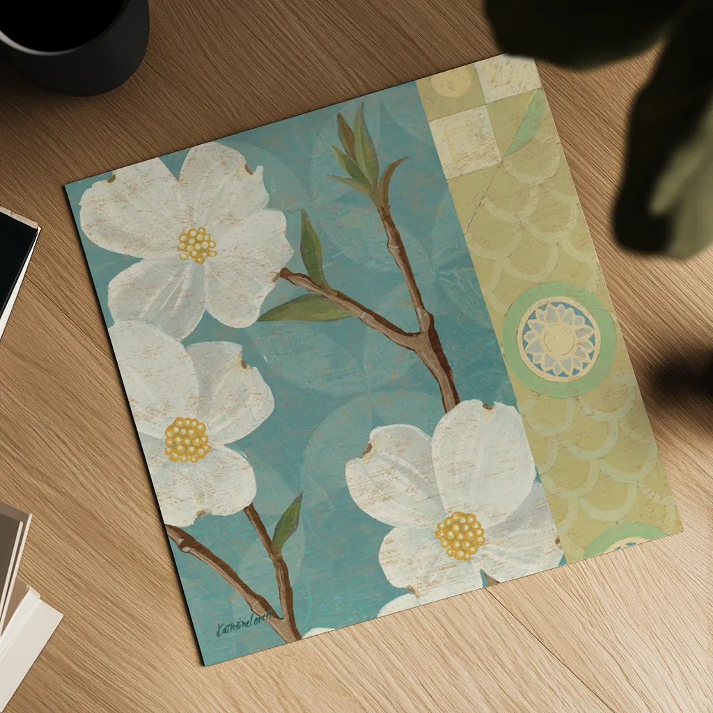 Kimono Blossoms Square II by Kathrine Lovell. Shown as a detailed flat fine art print, highlighting archival giclee quality. Available as an archival giclee rolled canvas, fine art paper, or poster print. SKU 43293a.
