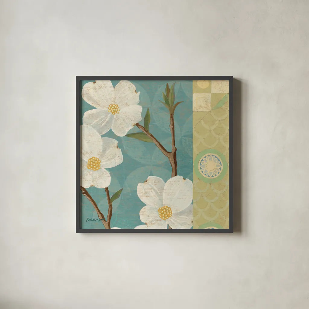 Kimono Blossoms Square II by Kathrine Lovell. Shown in a sleek black glass frame for a contemporary gallery look. Available as an archival giclee rolled canvas, fine art paper, or poster print. SKU 43293a.