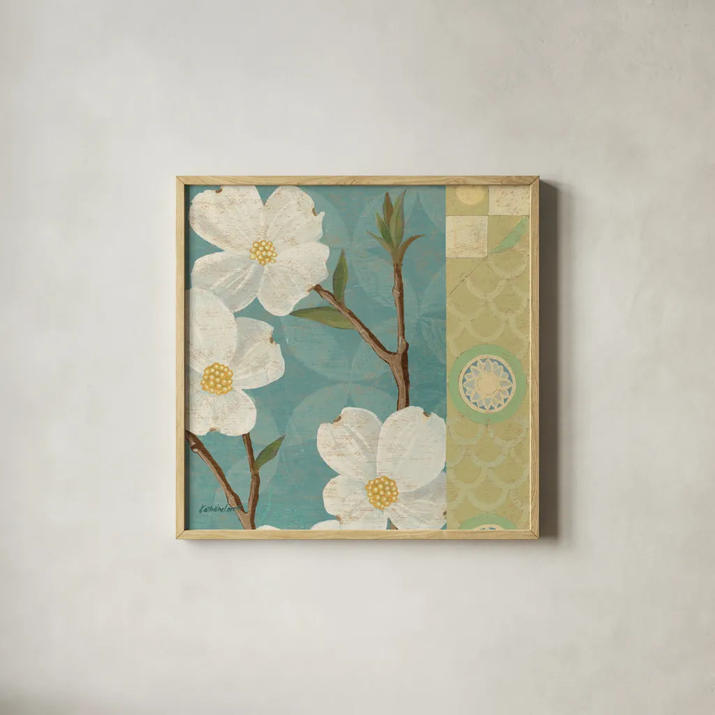Kimono Blossoms Square II by Kathrine Lovell. Shown in a natural wood glass frame for a timeless modern aesthetic. Available as an archival giclee rolled canvas, fine art paper, or poster print. SKU 43293a.