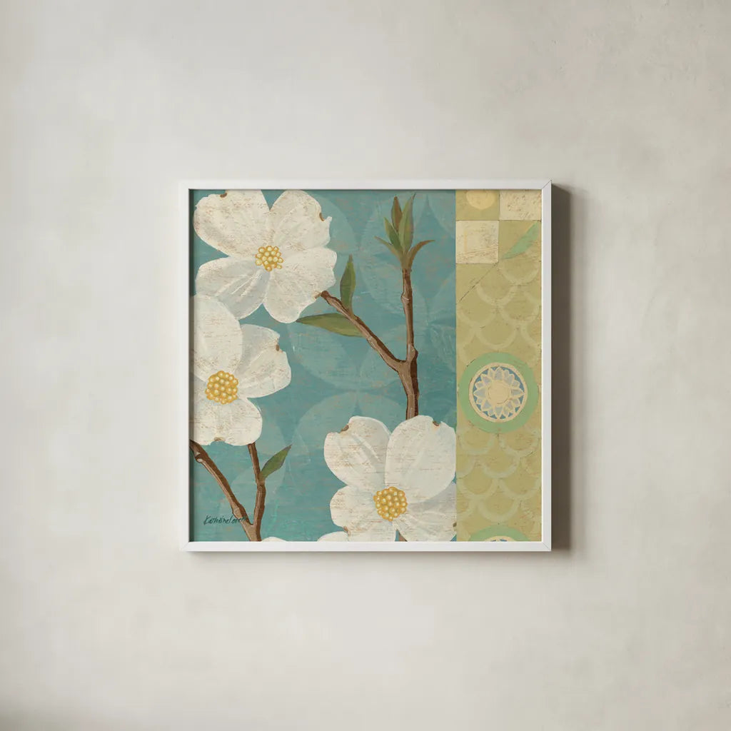 Kimono Blossoms Square II by Kathrine Lovell. Shown in a crisp white glass frame for a clean and minimalist style. Available as an archival giclee rolled canvas, fine art paper, or poster print. SKU 43293a.