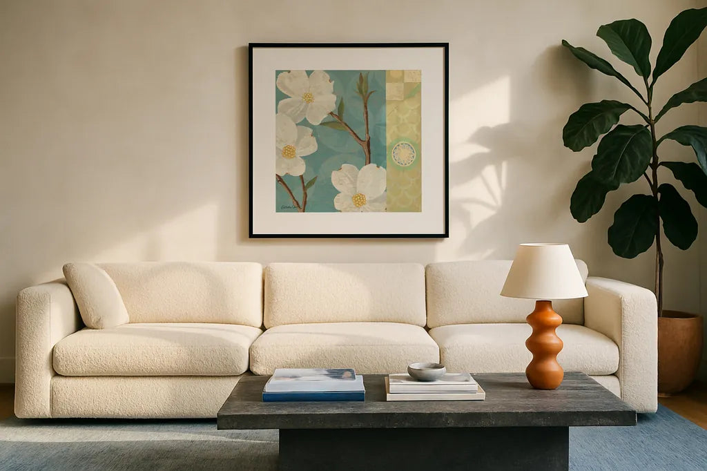 Kimono Blossoms Square II by Kathrine Lovell. Displayed in a glass frame with matte in a clean modern living room. Available as an archival giclee rolled canvas, fine art paper, or poster print. SKU 43293a.