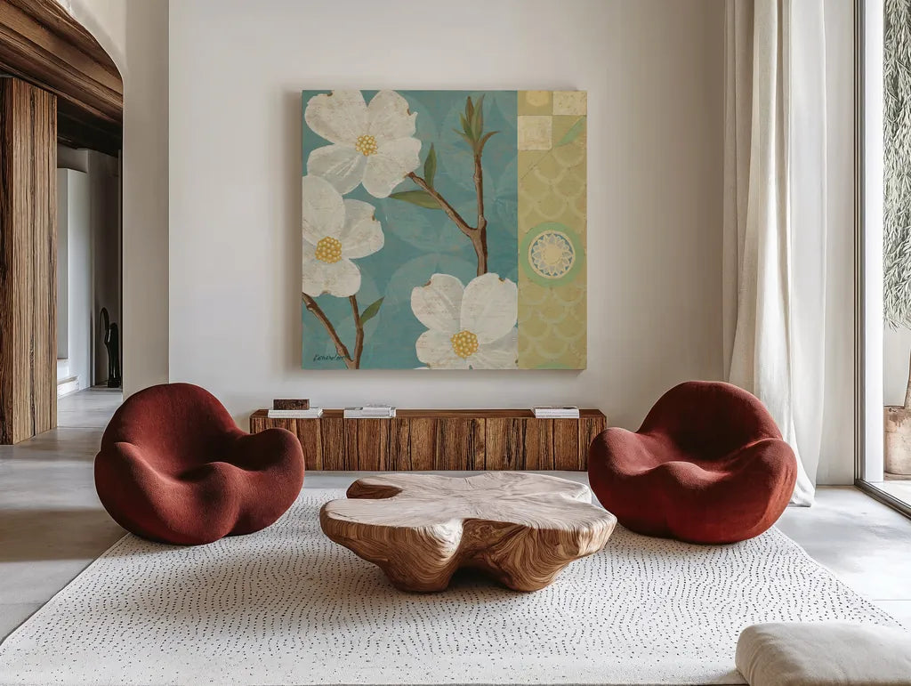 Kimono Blossoms Square II by Kathrine Lovell. Shown as extra-large giant wall art in a modern living room. Available as an archival giclee rolled canvas, fine art paper, or poster print. SKU 43293a.
