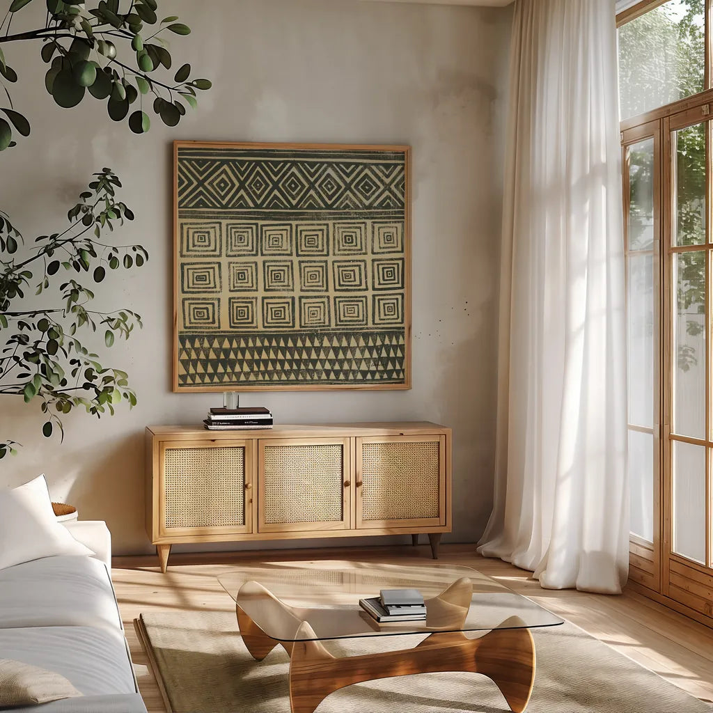 Kuba I by Kathrine Lovell. Shown in a natural wood frame in a cozy modern living room. Available as an archival giclee rolled canvas, fine art paper, or poster print. SKU 28119a.