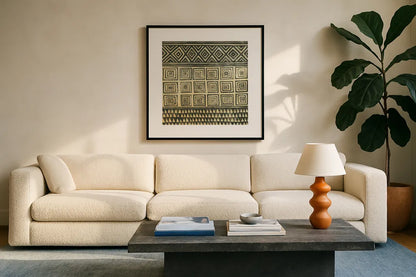 Kuba I by Kathrine Lovell. Displayed in a glass frame with matte in a clean modern living room. Available as an archival giclee rolled canvas, fine art paper, or poster print. SKU 28119a.