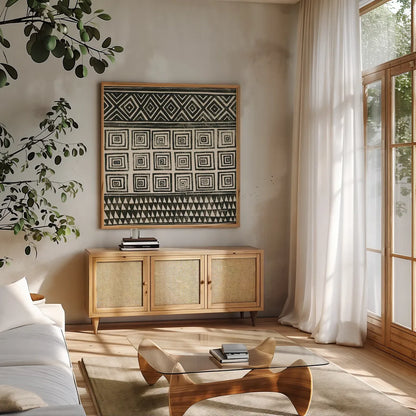 Kuba I by Kathrine Lovell. Shown in a natural wood frame in a cozy modern living room. Available as an archival giclee rolled canvas, fine art paper, or poster print. SKU 31328a.