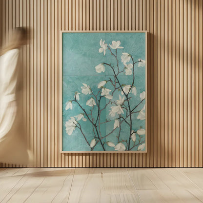 Magnolia Branch by Kathrine Lovell. shown as over sized large wall art. Available as an archival giclee rolled canvas, fine art paper, or poster print. SKU 28421h.