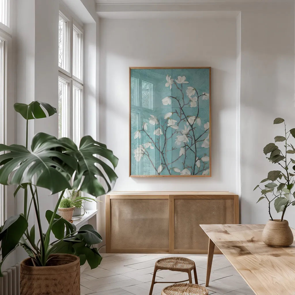 Magnolia Branch by Kathrine Lovell. shown as a print in a natural wood frame in a dining room. Available as a archival giclee rolled canvas, fine art paper, or poster print. SKU 28421h.