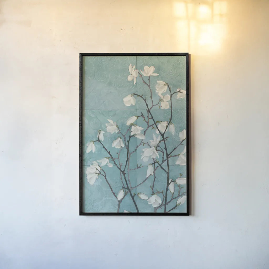 Magnolia Branch by Kathrine Lovell. shown as a paper print in a black flame. Available as a archival giclee rolled canvas, fine art paper, or poster print. SKU 28421h.