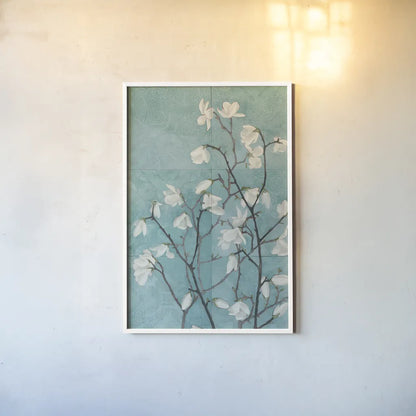 Magnolia Branch by Kathrine Lovell. shown as a paper print in a white frame. Available as a archival giclee rolled canvas, fine art paper, or poster print. SKU 28421h.