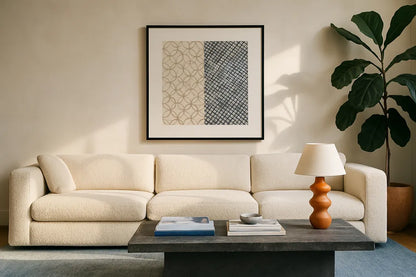 Maki Tile III by Kathrine Lovell. Displayed in a glass frame with matte in a clean modern living room. Available as an archival giclee rolled canvas, fine art paper, or poster print. SKU 55280a.