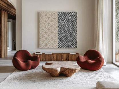 Maki Tile III by Kathrine Lovell. Shown as extra-large giant wall art in a modern living room. Available as an archival giclee rolled canvas, fine art paper, or poster print. SKU 55280a.