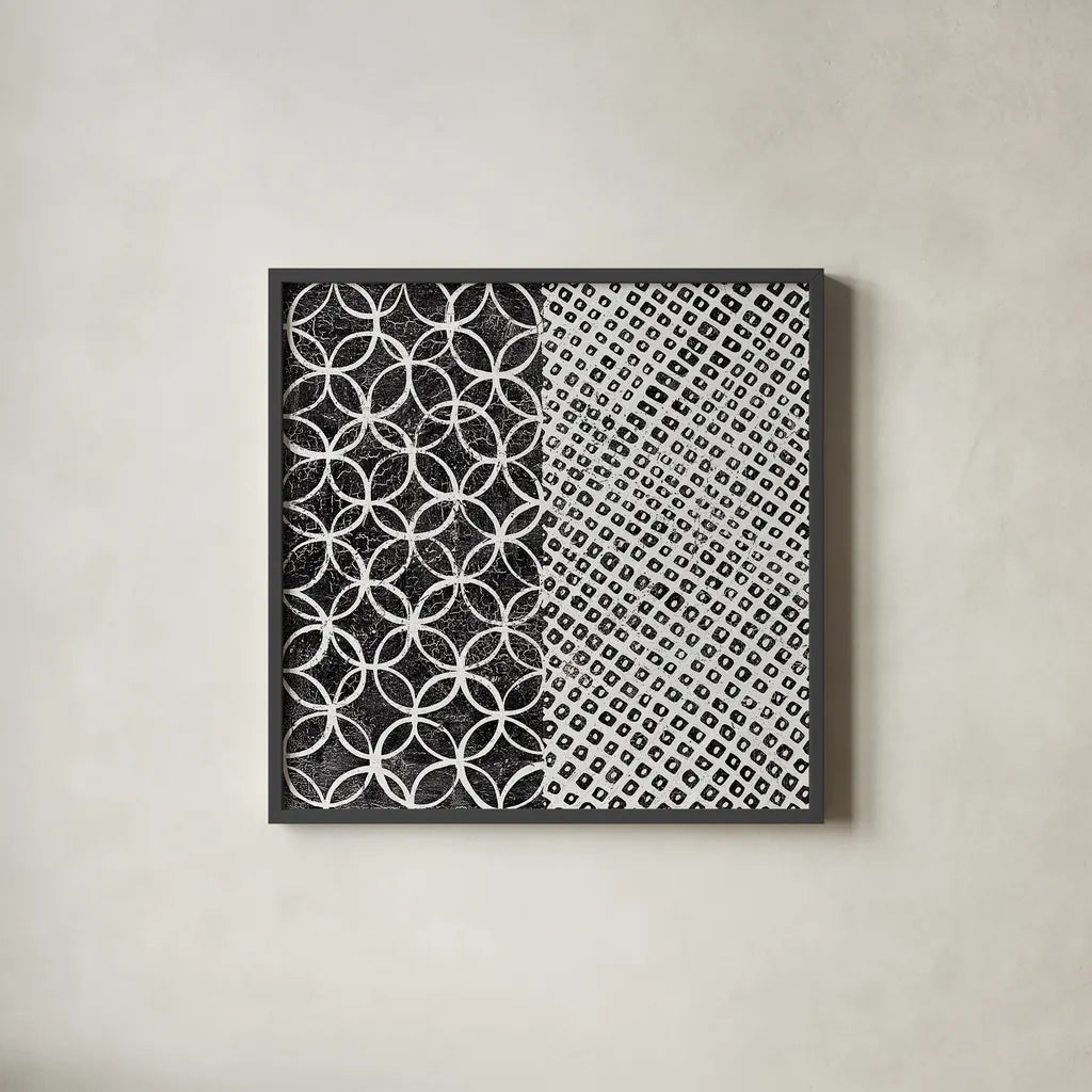 Maki Tile III BW by Kathrine Lovell. Shown in a sleek black glass frame for a contemporary gallery look. Available as an archival giclee rolled canvas, fine art paper, or poster print. SKU 25403a.
