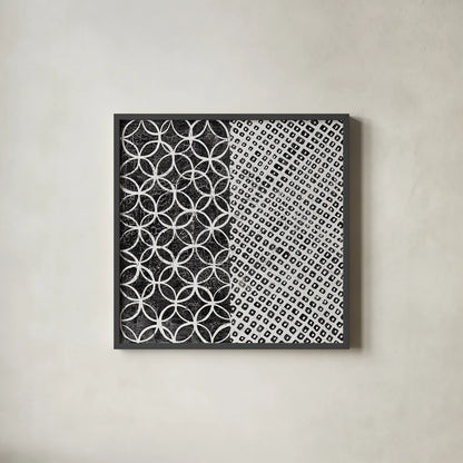 Maki Tile III BW by Kathrine Lovell. Shown in a sleek black glass frame for a contemporary gallery look. Available as an archival giclee rolled canvas, fine art paper, or poster print. SKU 25403a.