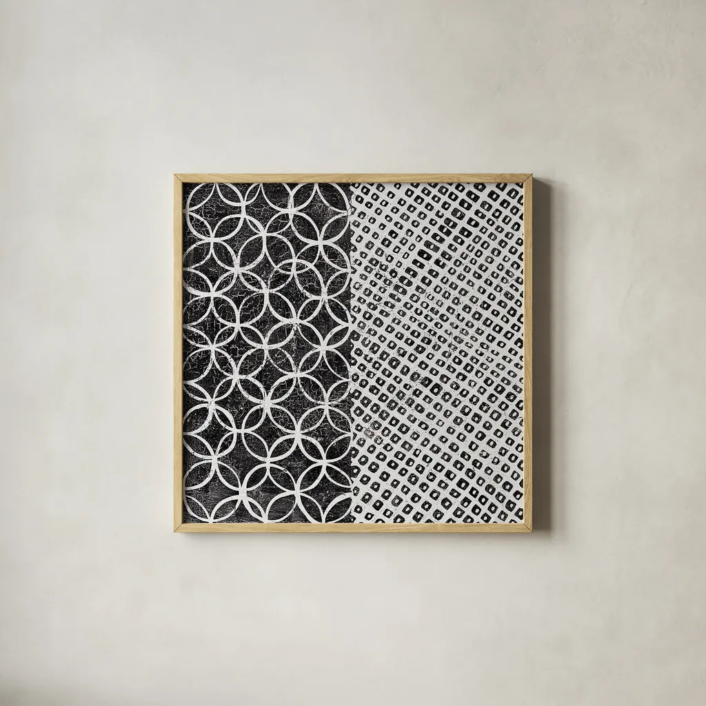 Maki Tile III BW by Kathrine Lovell. Shown in a natural wood glass frame for a timeless modern aesthetic. Available as an archival giclee rolled canvas, fine art paper, or poster print. SKU 25403a.