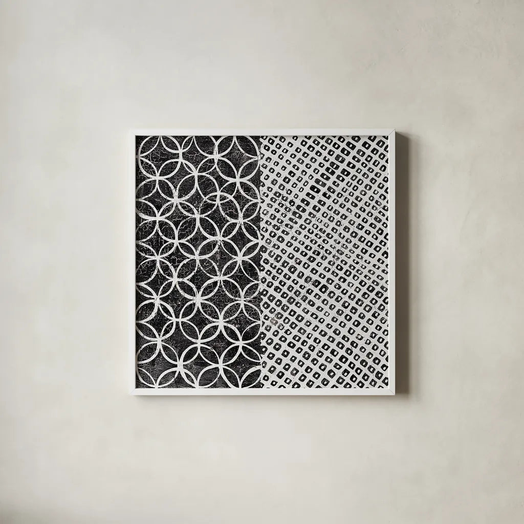 Maki Tile III BW by Kathrine Lovell. Shown in a crisp white glass frame for a clean and minimalist style. Available as an archival giclee rolled canvas, fine art paper, or poster print. SKU 25403a.
