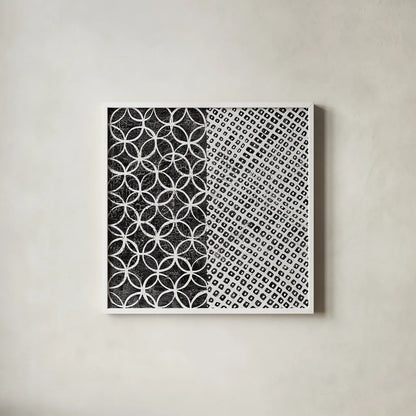Maki Tile III BW by Kathrine Lovell. Shown in a crisp white glass frame for a clean and minimalist style. Available as an archival giclee rolled canvas, fine art paper, or poster print. SKU 25403a.