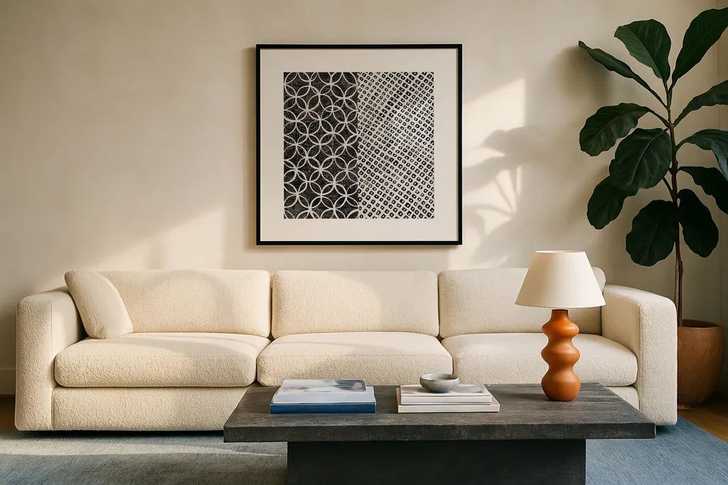 Maki Tile III BW by Kathrine Lovell. Displayed in a glass frame with matte in a clean modern living room. Available as an archival giclee rolled canvas, fine art paper, or poster print. SKU 25403a.