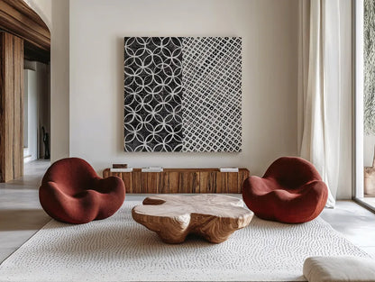 Maki Tile III BW by Kathrine Lovell. Shown as extra-large giant wall art in a modern living room. Available as an archival giclee rolled canvas, fine art paper, or poster print. SKU 25403a.