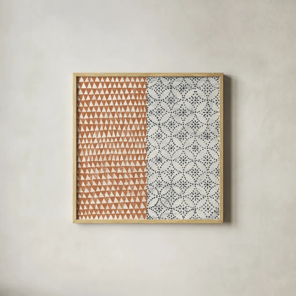 Maki Tile IV by Kathrine Lovell. Shown in a natural wood glass frame for a timeless modern aesthetic. Available as an archival giclee rolled canvas, fine art paper, or poster print. SKU 55281a.