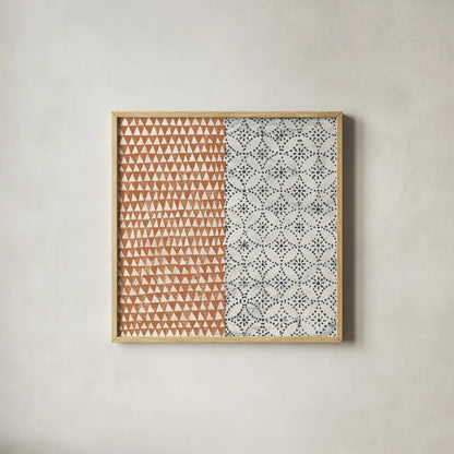 Maki Tile IV by Kathrine Lovell. Shown in a natural wood glass frame for a timeless modern aesthetic. Available as an archival giclee rolled canvas, fine art paper, or poster print. SKU 55281a.