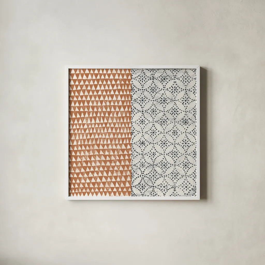 Maki Tile IV by Kathrine Lovell. Shown in a crisp white glass frame for a clean and minimalist style. Available as an archival giclee rolled canvas, fine art paper, or poster print. SKU 55281a.