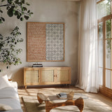 Maki Tile IV by Kathrine Lovell. Shown in a natural wood frame in a cozy modern living room. Available as an archival giclee rolled canvas, fine art paper, or poster print. SKU 55281a.