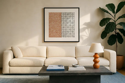 Maki Tile IV by Kathrine Lovell. Displayed in a glass frame with matte in a clean modern living room. Available as an archival giclee rolled canvas, fine art paper, or poster print. SKU 55281a.