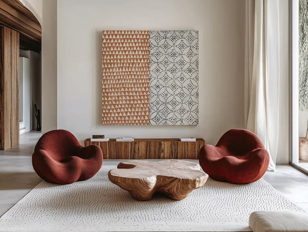 Maki Tile IV by Kathrine Lovell. Shown as extra-large giant wall art in a modern living room. Available as an archival giclee rolled canvas, fine art paper, or poster print. SKU 55281a.