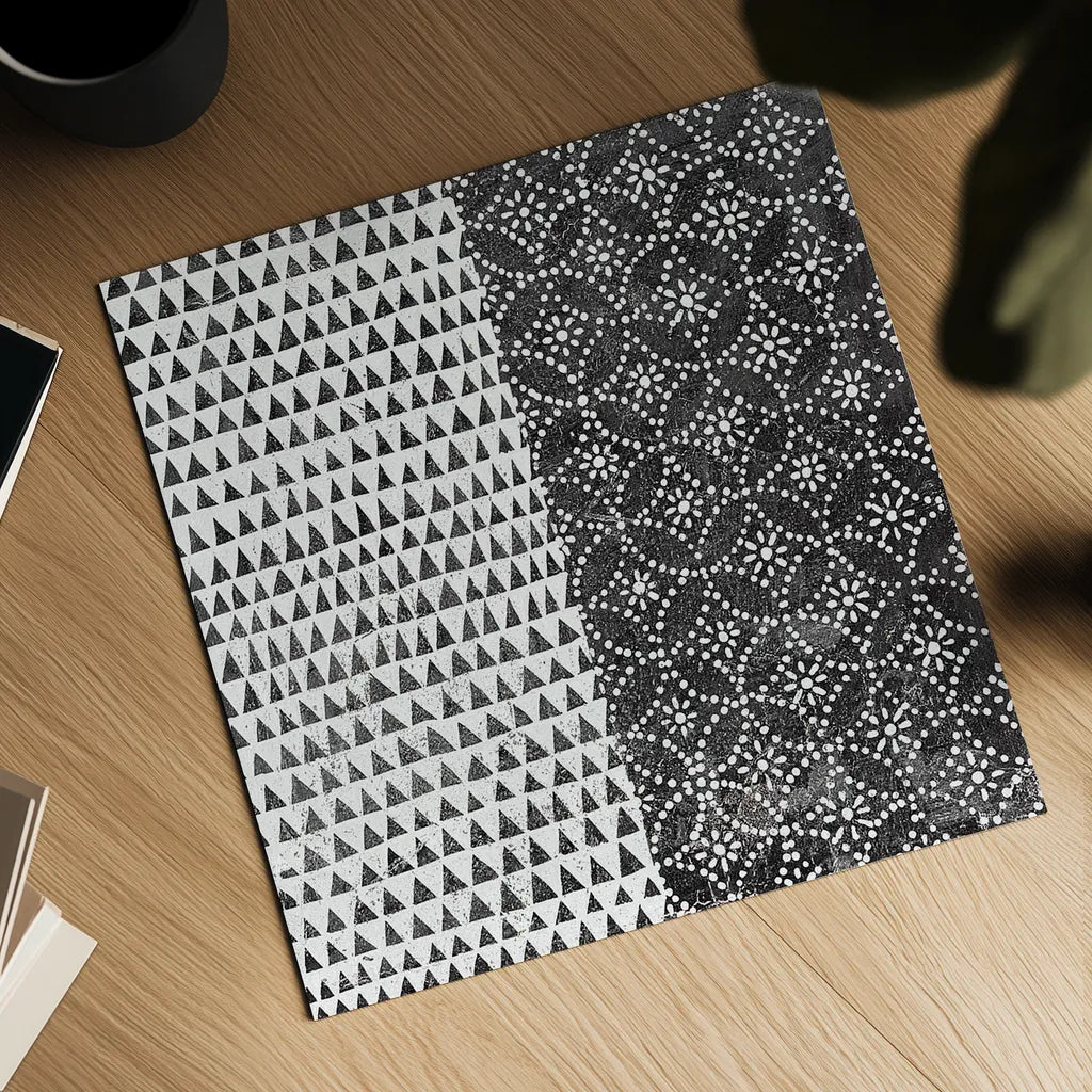 Maki Tile IV BW by Kathrine Lovell. Shown as a detailed flat fine art print, highlighting archival giclee quality. Available as an archival giclee rolled canvas, fine art paper, or poster print. SKU 25404a.