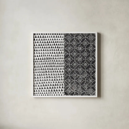 Maki Tile IV BW by Kathrine Lovell. Shown in a crisp white glass frame for a clean and minimalist style. Available as an archival giclee rolled canvas, fine art paper, or poster print. SKU 25404a.