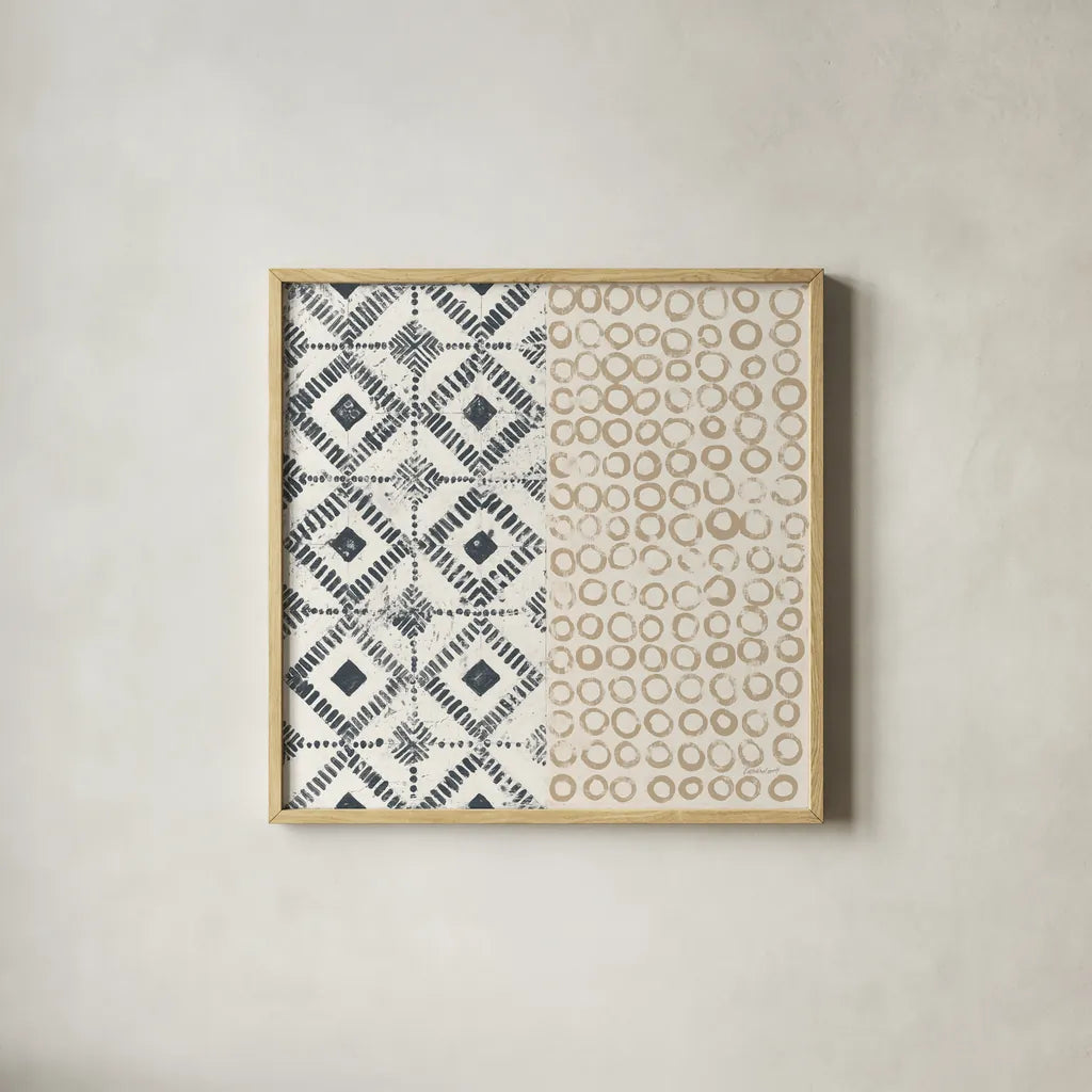 Maki Tile V by Kathrine Lovell. Shown in a natural wood glass frame for a timeless modern aesthetic. Available as an archival giclee rolled canvas, fine art paper, or poster print. SKU 55282a.