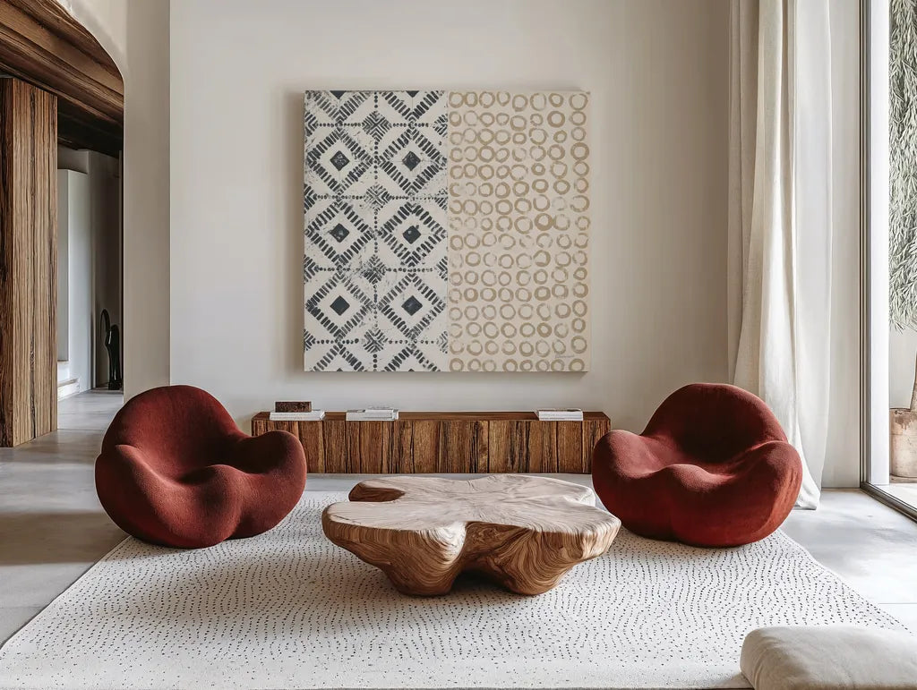 Maki Tile V by Kathrine Lovell. Shown as extra-large giant wall art in a modern living room. Available as an archival giclee rolled canvas, fine art paper, or poster print. SKU 55282a.