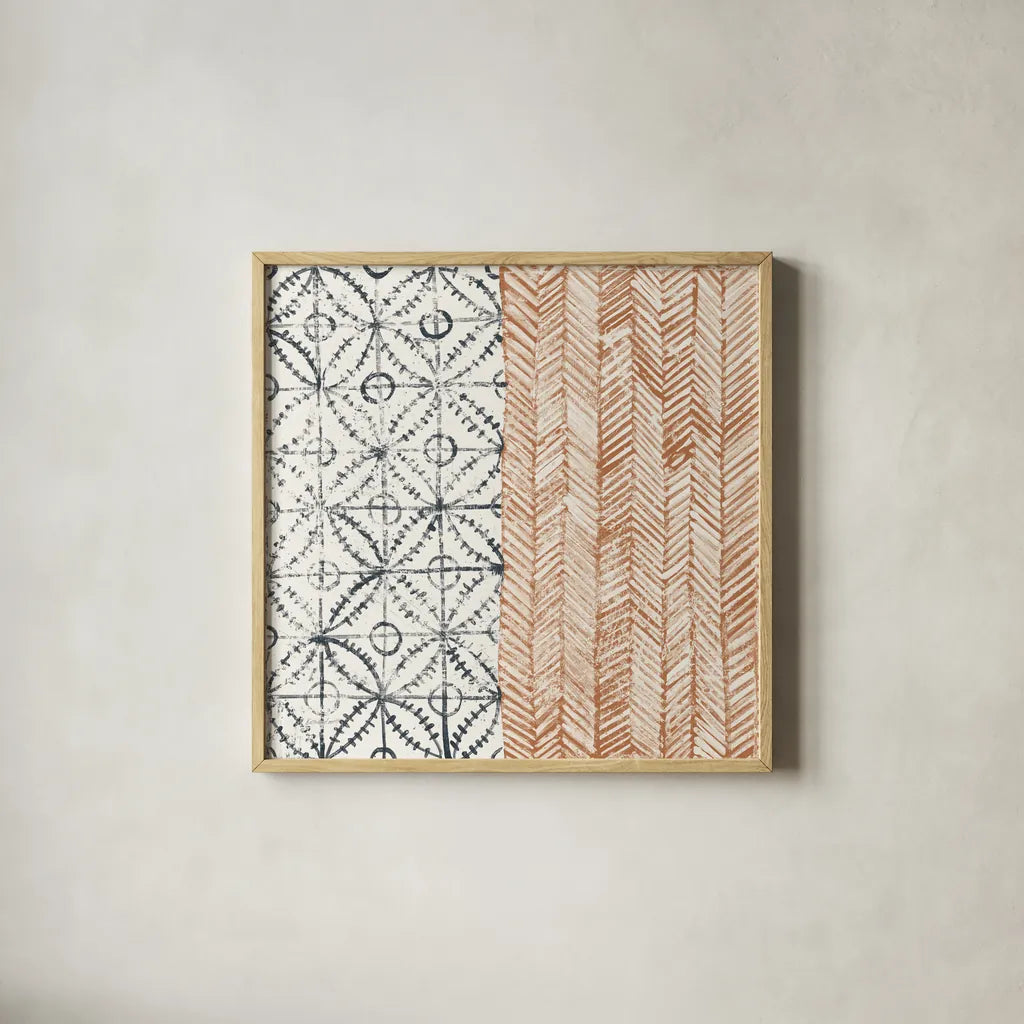 Maki Tile VII by Kathrine Lovell. Shown in a natural wood glass frame for a timeless modern aesthetic. Available as an archival giclee rolled canvas, fine art paper, or poster print. SKU 55283a.