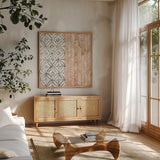 Maki Tile VII by Kathrine Lovell. Shown in a natural wood frame in a cozy modern living room. Available as an archival giclee rolled canvas, fine art paper, or poster print. SKU 55283a.