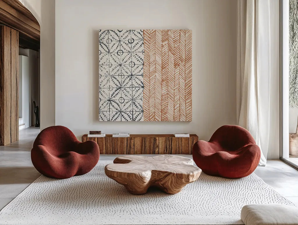 Maki Tile VII by Kathrine Lovell. Shown as extra-large giant wall art in a modern living room. Available as an archival giclee rolled canvas, fine art paper, or poster print. SKU 55283a.