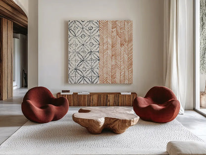 Maki Tile VII by Kathrine Lovell. Shown as extra-large giant wall art in a modern living room. Available as an archival giclee rolled canvas, fine art paper, or poster print. SKU 55283a.