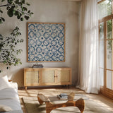 Maki Tile XII by Kathrine Lovell. Shown in a natural wood frame in a cozy modern living room. Available as an archival giclee rolled canvas, fine art paper, or poster print. SKU 24428a.